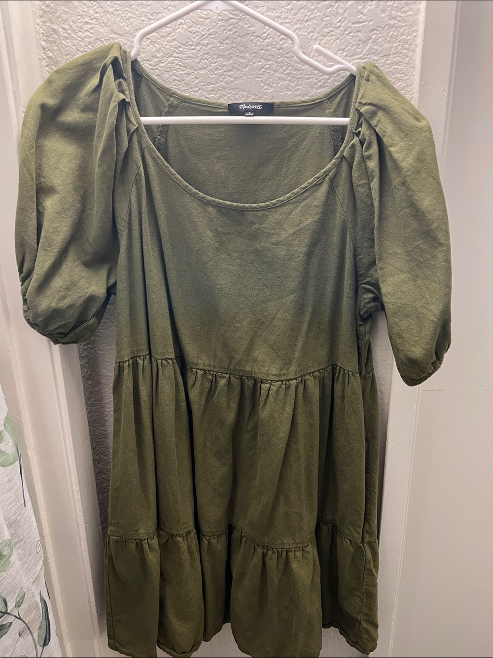 Madewell Olive Green Tiered Puff Sleeve Dress